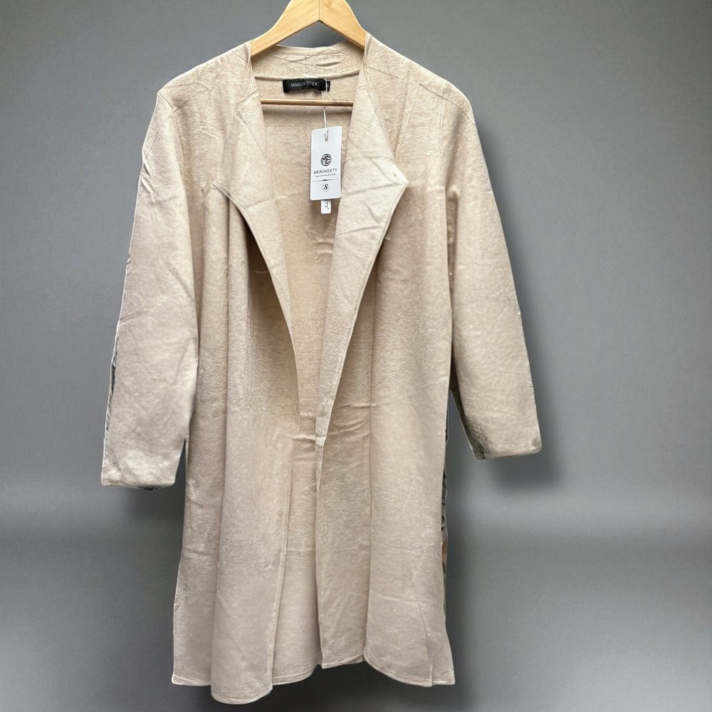 Merokeety Duster Cardigan Small Sand Long Sleeve Waterfall Open Front